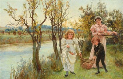 Lot 71 - Miss Alice Mary Havers (1850-1890) Mother and children returning from the apple orchard Signed, oil