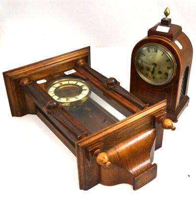 Lot 448 - Early 20th century mahogany banded and brass inlaid chiming mantel clock and a German oak cased...