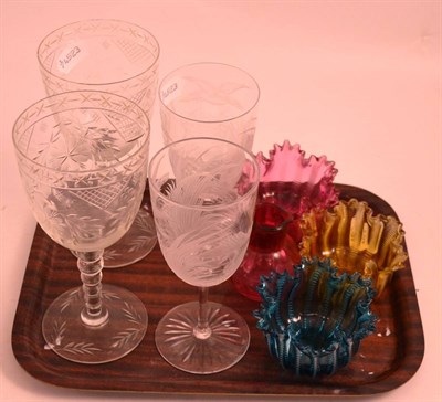 Lot 461 - Pair of Edwardian glasses engraved with swans, another pair, three Stevenson coloured glass...