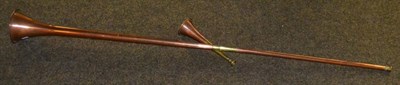 Lot 467 - Long copper and brass coaching horn and a small hunting horn