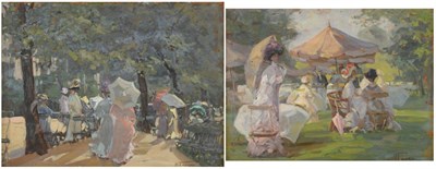 Lot 74 - Hilda Fearon RI (1878-1917)  "Hyde Park " Elegant figures at leisure  Each signed, one signed...