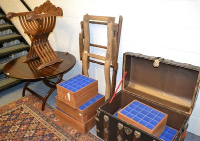 Lot 1002 - Reproduction coaching table, Savonarola type chair, Eastern folding chair, wooden bound trunk...