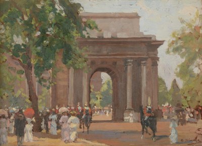 Lot 75 - Algernon Talmage RA (1871-1939)  Figures and horse mounted guardsmen before Marble Arch     Signed