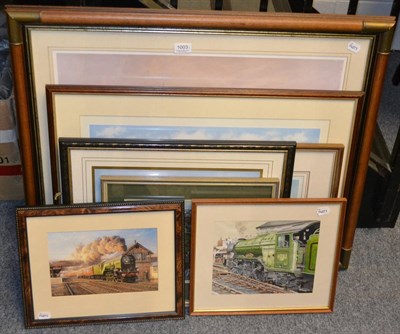 Lot 1003 - Assorted framed prints including railways, shipping scene, etching of a cottage, framed watercolour