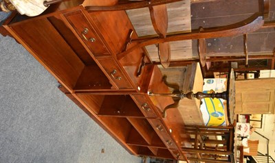 Lot 1026 - Reproduction yewwood open bookcase, another smaller, a modern marble top coffee table and an...