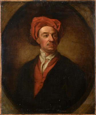 Lot 79 - Follower of William Hogarth (1697-1764) Portrait of a gentleman, half-length, wearing a red...