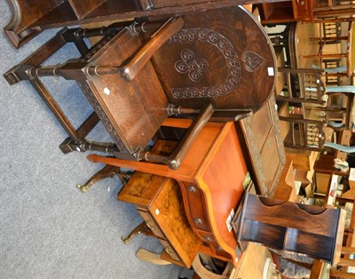 Lot 1036 - Oak monk's chair, reproduction walnut occasional table, yewwood side table and small revolving...