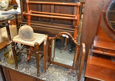 Lot 1044 - Set of five graduated brass pans, small bellows, towel rail, stool, triptych toilet mirror and...