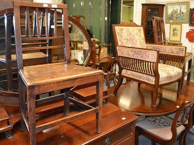 Lot 1045 - Two 19th century mahogany country dining chairs and an Edwardian inlaid armchair