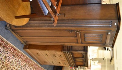 Lot 1046 - Oak hall wardrobe, oak chest of drawers, oak blanket box, oak coffee table, two Chinese rugs, a...