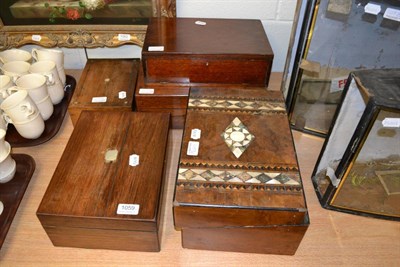 Lot 1059 - Burr walnut writing slope (a.f.), three rosewood jewellery boxes and another in mahogany