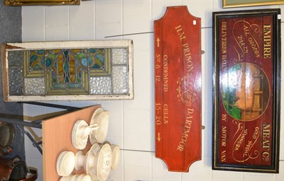 Lot 1065 - Leaded and coloured glass panel together with two painted reproduction wooden signs