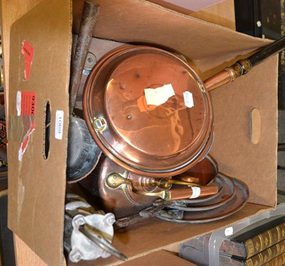 Lot 1069 - Quantity of copper including, pans, warming pan, kettle, etc