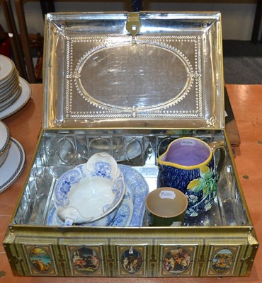 Lot 1082 - Large tin, majolica jug, Victorian beaker and blue and white