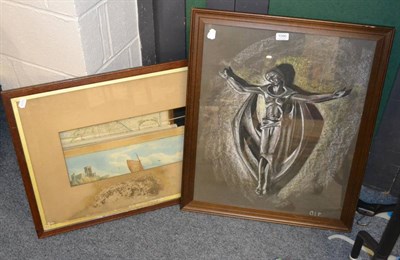 Lot 1090 - Group of framed articles including maps, 19th century watercolour, etc