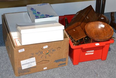 Lot 1104 - Quantity of brass and copper including a kettle, a warming pan, weights, etc, mahogany tea caddy, a