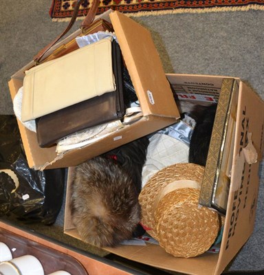 Lot 1107 - Assorted hats including fur, feather, felt and straw examples, Irish linen in original box,...