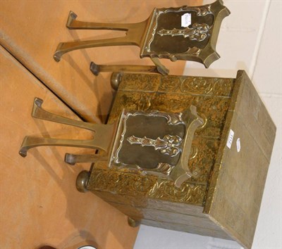 Lot 1112 - Brass mounted coal bucket/log bin and a pair of brass fire dogs