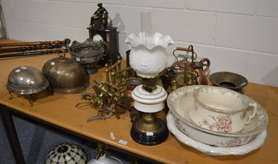 Lot 1113 - Quantity of brass and copper including an oil lamp, candle holders, kettles, ceramics, etc