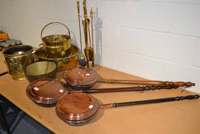 Lot 1116 - Quantity of copper and brass including warming pans, candlesticks, companion set, horse...