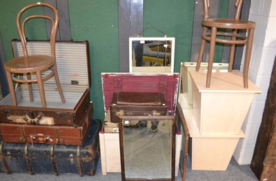 Lot 1128 - Cream painted hinged box, two trunks, three suitcases, two modern box occasional tables, two...