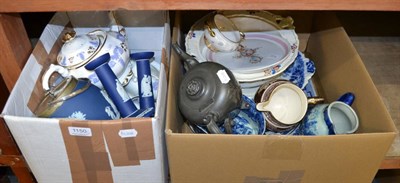 Lot 1150 - Two boxes containing two 19th century Staffordshire tea services (a.f.), 19th century blue and...