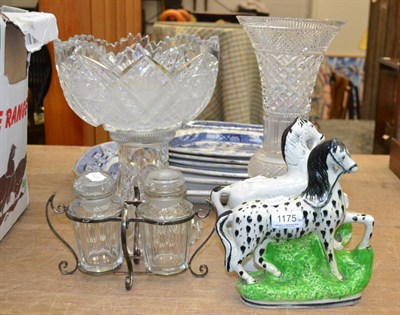 Lot 1175 - Six blue and white dishes, two glass pieces, spotted pony, pottery ornaments (a.f.) and...