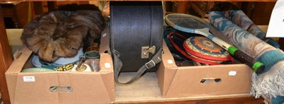 Lot 1178 - Two boxes of miscellaneous items including Blue John pottery, fur shawl, hat box, Chinese rug, etc