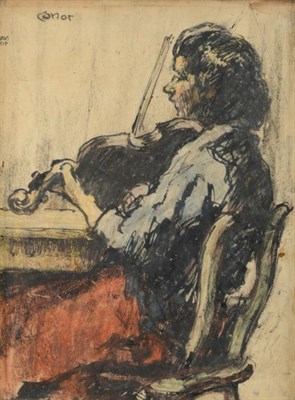 Lot 96 - William Conor (1881-1968) Irish Seated violin player Signed (twice) mixed media, 30cm by 22.5cm...