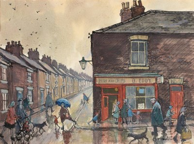 Lot 99 - Norman Stansfield Cornish (1919-2014) Figures before Eddy's Fish and Chip Shop Signed, mixed media