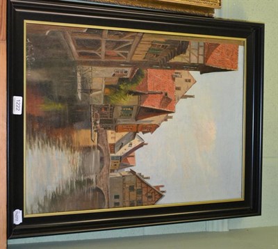 Lot 1222 - Oil on canvas, Continental Dutch town scene with canal, signed Kragh Pedersen, in ebonised frame