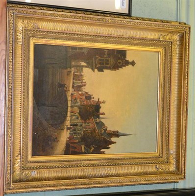 Lot 1223 - 19th century oil on board, Continental street scene, unsigned, in gilt frame