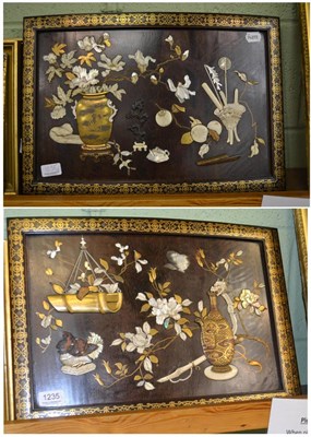 Lot 1235 - A good pair of Chinese ivory, mother of pearl and lacquer bow fronted panels, one profusely...