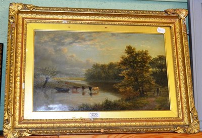 Lot 1236 - J F Grace (later 19th century), Cattle watering in a lakeland landscape, oil on canvas