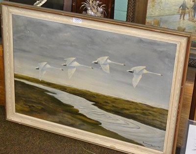 Lot 1247 - Mackenzie Thorpe, Swans in flight, oil on canvas