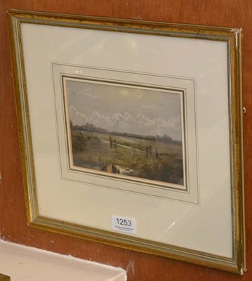 Lot 1253 - W S Goodwin? small gilt framed watercolour of figures in a country landscape