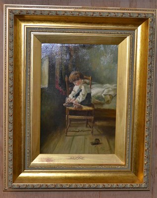 Lot 1257 - Oil on canvas of a young boy tying his boot laces, titled ";Alone";, in a gilt frame