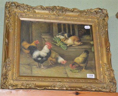 Lot 1258 - Gilt framed oil on canvas of hens and rabbits, signed P Winston '89