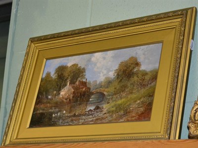 Lot 1260 - 19th century oil on canvas of a river scene with figures by a cottage and bridge signed Franz...