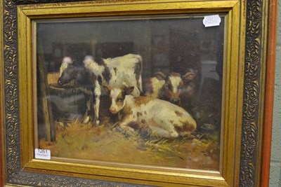 Lot 1261 - Gilt framed oil on canvas, cattle resting in a stable, signed J E Sinclair, 1874