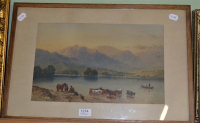 Lot 1274 - Aaran Penley, Figures and cattle watering in a highland landscape, signed and dated, watercolour