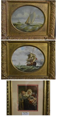 Lot 1275 - Pair of oval oils on board of shipping scenes, in gilt frames signed J Lawrence and a framed...