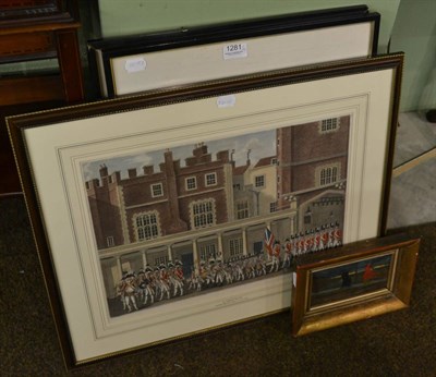 Lot 1281 - Small oil on board, figures walking across a windy bridge, coloured engraving St James' Palace...