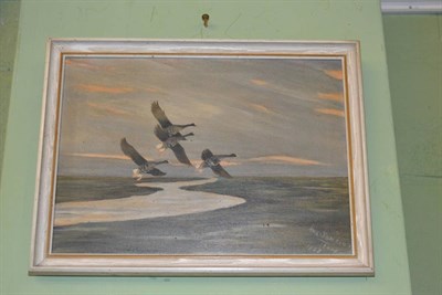 Lot 1284 - Mackenzie Thorpe, Geese in flight, oil on canvas