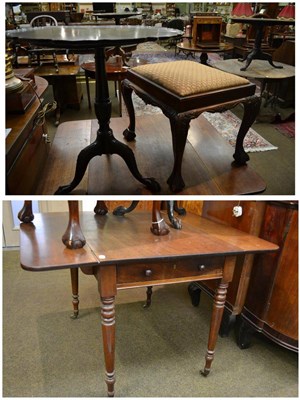 Lot 1314 - 19th century oak Pembroke table on brass castors, a footstool on ball and claw feet and an 18th...