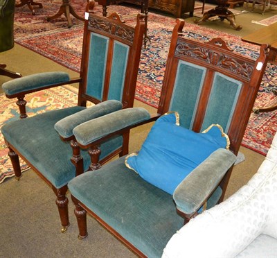 Lot 1370 - Pair of Edwardian mahogany green upholstered armchairs