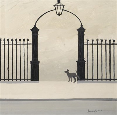 Lot 117 - Brian Shields 'Braaq' FBA (1951-1997) Dog at mill gates Signed and inscribed  "Ann ", oil on board