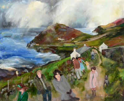 Lot 121 - Gill Watkiss (b.1938)  "Watching the storm, Cape Cornwall " Signed and dated 2016, oil on...