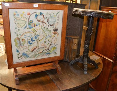 Lot 1438 - Carved Chinese pedestal table, an oak firescreen with embroidered panel and an oak wall hanging...