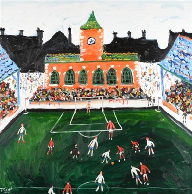 Lot 126 - Simeon Stafford (b.1956) Football match  Signed, oil on canvas, 79.5cm by 79cm  See Illustration